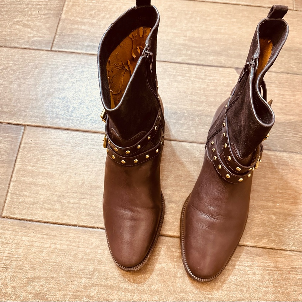 Coach Lillianna Suede & Leather Detail Studded Buckle Boots in Brown (Size 8B) - Picture 11 of 12
